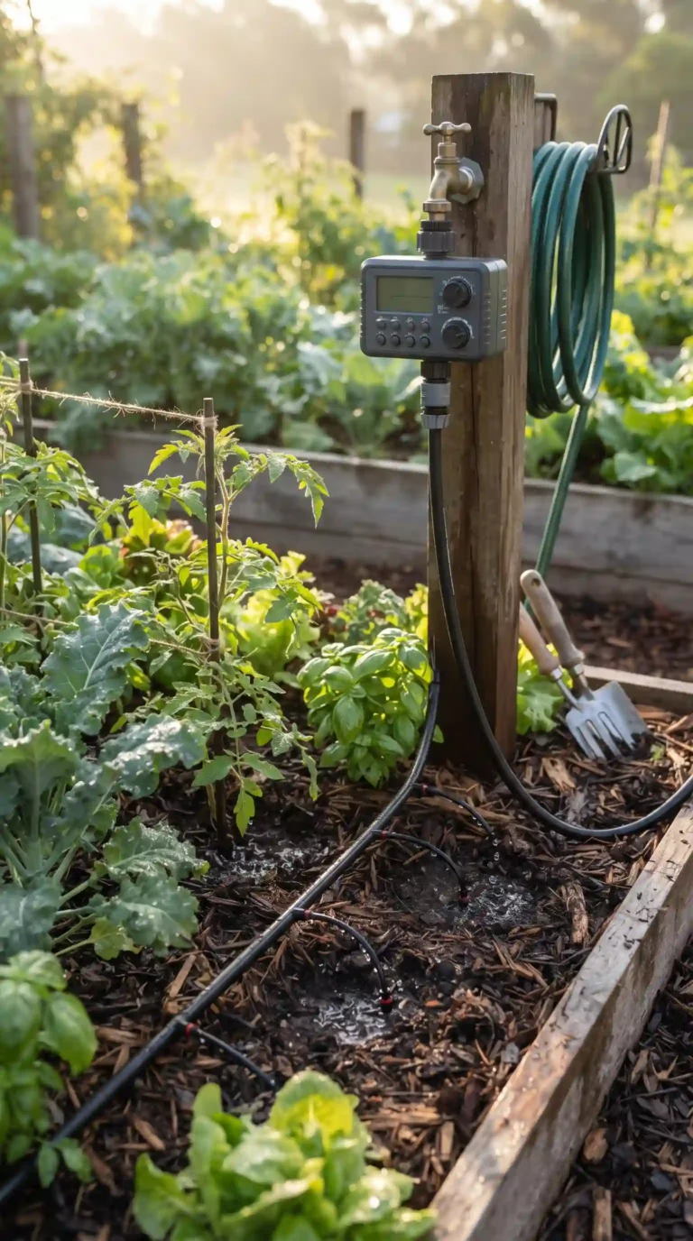 Realistic vertical 9:16 close-up of a vegetable garden covered with a thick layer of natural mulch made from dry leaves, straw, and wood chips, healthy tomato, pepper, and herb plants growing through the mulch, dark moist soil underneath, warm sunlight, detailed natural textures, professional gardening photography, no text.