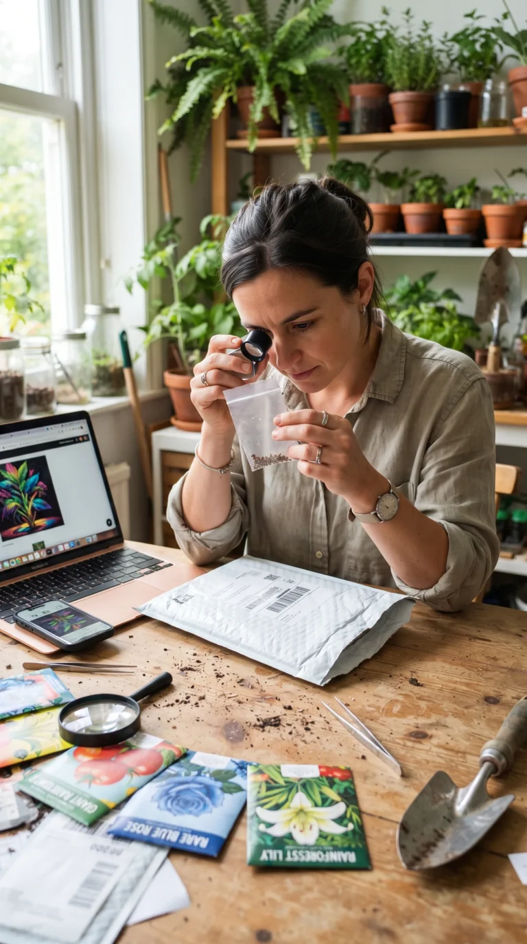 Photorealistic vertical 9:16 image of a gardener examining a suspicious online seed package beside a laptop and smartphone, colorful seed packets with misleading plant images, a few questionable seeds scattered on a wooden table, healthy real plants in the background, subtle AI-generated imagery concept shown on the laptop screen without readable text, magnifying glass and gardening tools nearby, natural daylight, realistic home gardening environment, investigative gardening editorial photography, no text, no labels, no watermark.