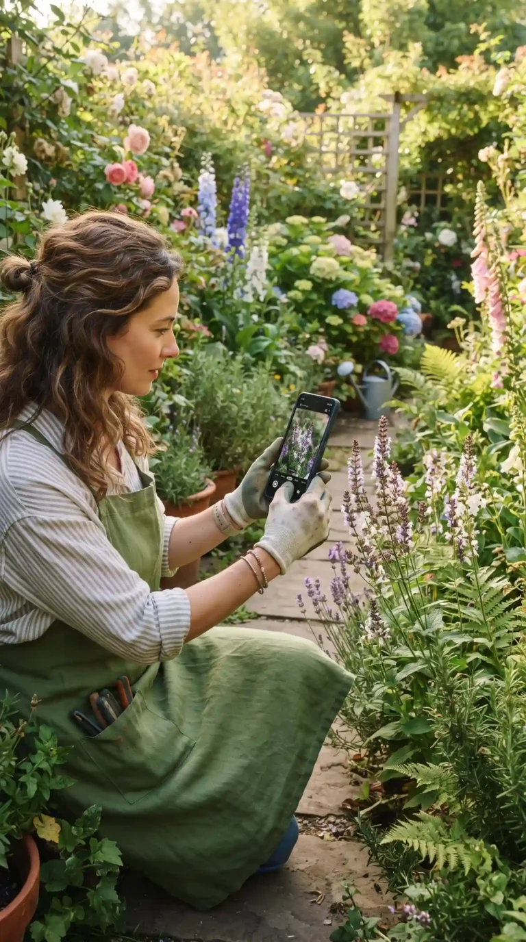 Photorealistic vertical 9:16 image of a gardener using a smartphone camera to identify an unknown flowering plant in a lush home garden, smartphone showing a realistic plant identification interface without readable text, several different plants including flowers, herbs, and houseplants surrounding the gardener, natural morning sunlight, modern gardening technology blended with nature, clean professional editorial photography, highly detailed realistic foliage, no text, no labels, no watermark.