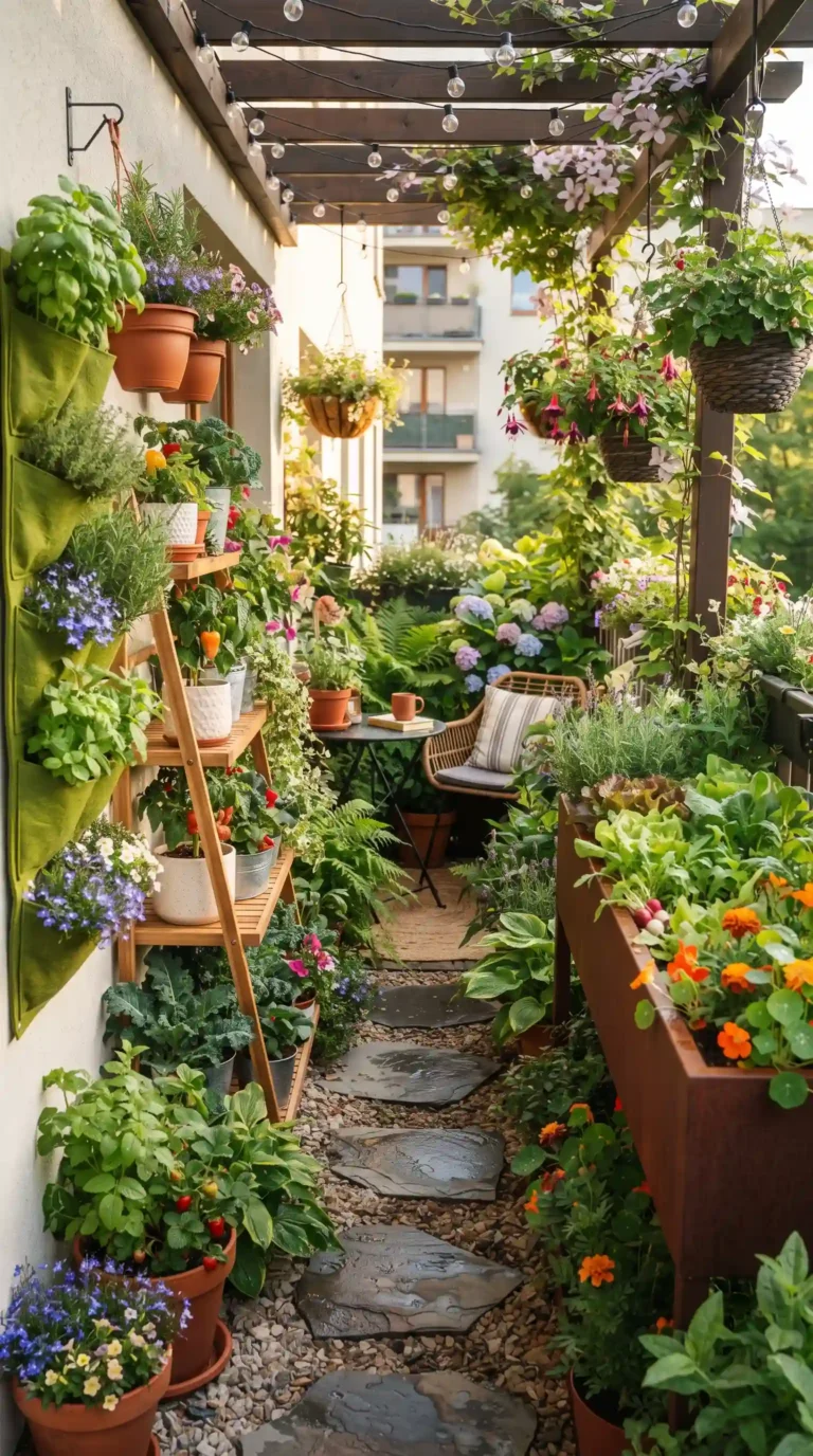 Photorealistic vertical 9:16 image of a tiny pollinator-friendly garden packed into a small raised planter, colorful lavender, marigolds, coneflowers, and native-style flowers attracting bees and butterflies, compact urban patio setting, lush foliage, warm sunlight, natural wildlife-friendly atmosphere, no text, no watermark.