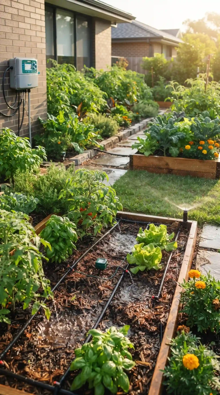 Realistic vertical 9:16 image of a programmable garden irrigation timer connected to a drip hose near a healthy vegetable garden, timer showing a simple digital display without readable numbers, water being delivered directly to plant roots, gardening tools nearby, soft morning sunlight, practical water-saving setup, no text, no watermark.