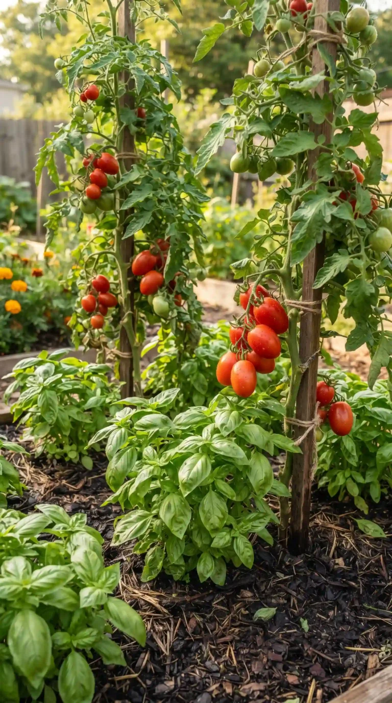 Photorealistic vertical 9:16 image of tall healthy corn plants growing with climbing green bean vines using the corn stalks as natural supports, lush leaves surrounding the plants, rich garden soil, organized backyard vegetable bed, warm summer sunlight, realistic sustainable gardening concept, no text, no watermark.