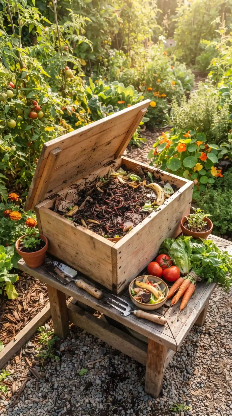 Photorealistic vertical 9:16 image of a beginner-friendly vermicomposting setup in a small backyard garden, a clean wooden worm bin filled with dark rich compost, healthy earthworms visible among moist bedding, vegetable scraps, shredded cardboard, coffee grounds, and dry leaves, small gardening tools and fresh vegetables nearby, lush garden plants surrounding the setup, warm natural morning sunlight, sustainable home gardening atmosphere, professional gardening magazine photography, highly realistic textures, no text, no labels, no watermark.