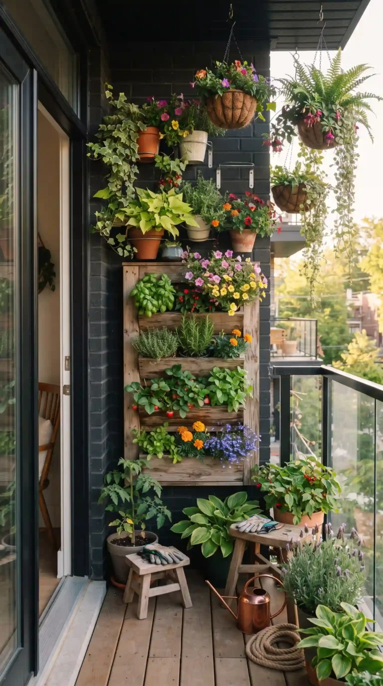 Photorealistic vertical 9:16 image of a beautiful small-space vertical garden on a compact balcony or tiny backyard, featuring a wooden vertical planter, wall-mounted pots, hanging baskets, climbing vines, herbs, compact vegetables, and colorful flowers arranged in layers, very limited floor space, stylish modern home exterior, lush green foliage, warm natural morning sunlight, realistic gardening details, professional editorial photography, no text, no labels, no watermark.